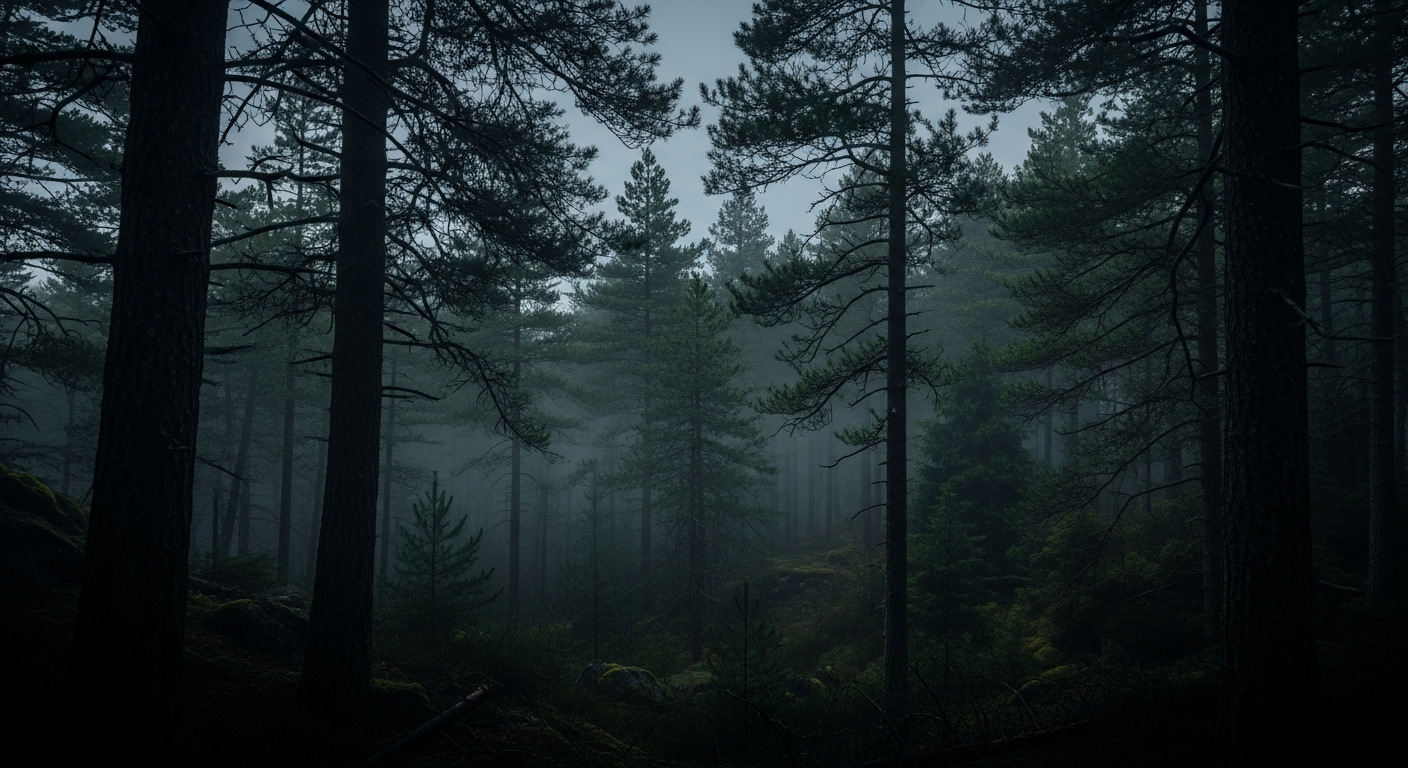 Misty evergreen forest mountains